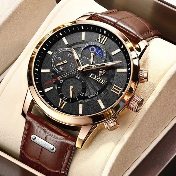 LIGE 8932 Premium Moon Phase Leather Strap Luxury Men's Watch – Dial Color: Black, Strap Color:  Brown  – View 2