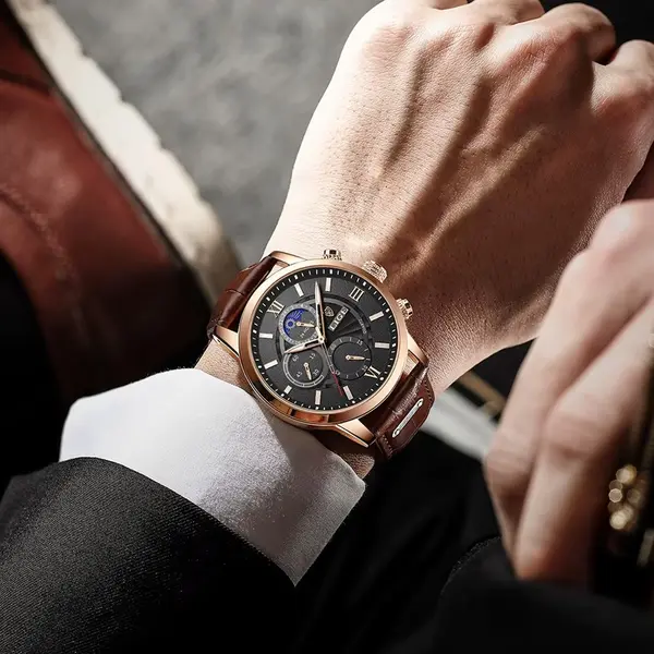 LIGE 8932 Premium Moon Phase Leather Strap Luxury Men's Watch – Dial Color: Black, Strap Color:  Brown  – View 3