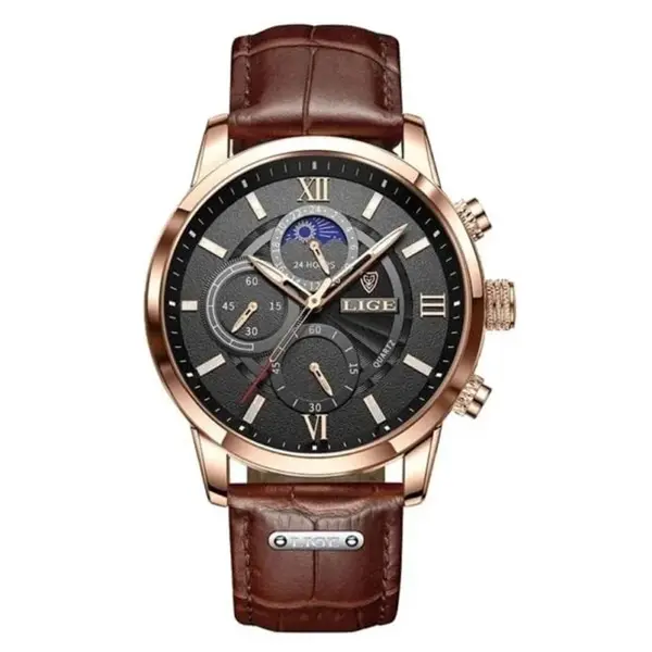 LIGE 8932 Premium Moon Phase Leather Strap Luxury Men's Watch – Dial Color: Black, Strap Color:  Brown  – View 1