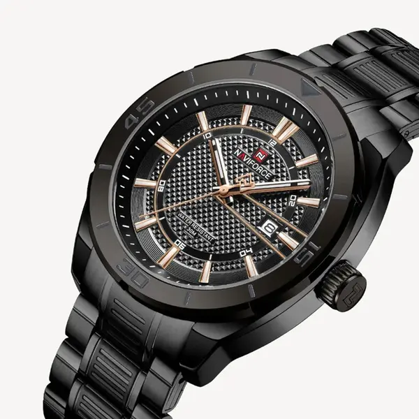 Naviforce NF9210 Luxury Stainless Steel Quartz Analog Men's Watch – Dial Color: Black, Strap Color: Black – View 3