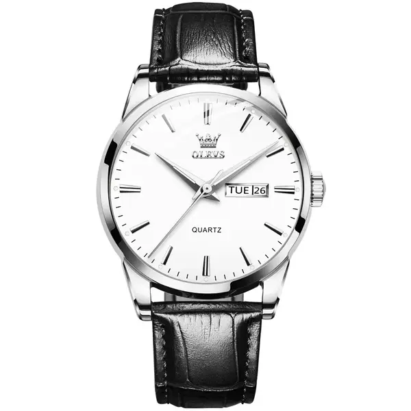 OLEVS 6898 Valentine's Calendar Display Leather Strap Couple's Quartz Watch – Dial Color: White, Strap Color: Black – View 1