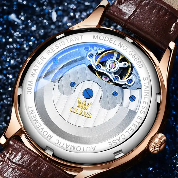 OLEVS 6660 Vintage Mechanical Movement Leather Strap Men's Wristwatch  – Dial Color: White, Strap Color:  Brown  – View 5