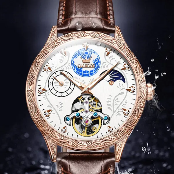 OLEVS 6660 Vintage Mechanical Movement Leather Strap Men's Wristwatch  – Dial Color: White, Strap Color:  Brown  – View 2