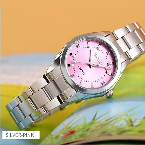 SKMEI 1620 Analog Stylish Quartz Stainless Steel Women's Watch – Dial Color: Pink, Strap Color: Silver – View 2