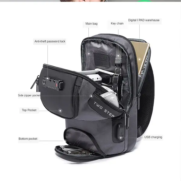 BANGE BG-7082 Anti-theft Waterproof TSA Lock Cross body Bag with External USB Port – Color: Gray – View 2