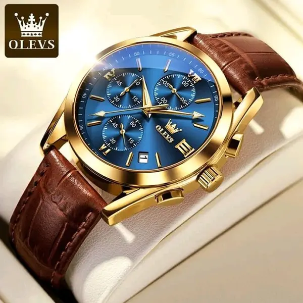 OLEVS 2872 Golden Sophistication Leather Chronograph Men's Quartz Watch – Dial Color: Blue Gold, Strap Color:  Brown  – View 3