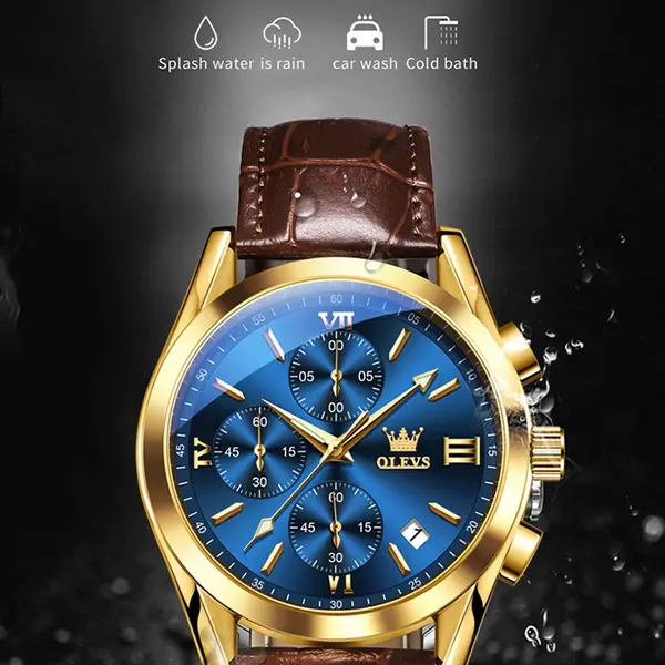 OLEVS 2872 Golden Sophistication Leather Chronograph Men's Quartz Watch – Dial Color: Blue Gold, Strap Color:  Brown  – View 2