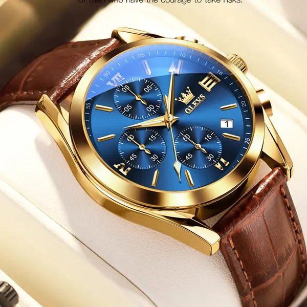 OLEVS 2872 Golden Sophistication Leather Chronograph Men's Quartz Watch – Dial Color: Blue Gold, Strap Color:  Brown  – View 4