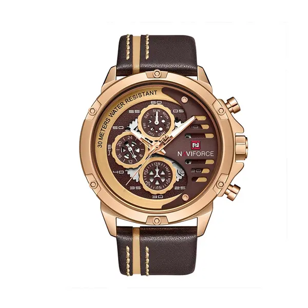 Naviforce NF9110L Genuine Leather Strap Six Hands Quartz Classic Men's Watch – Dial Color: Gold, Strap Color: Black – View 1