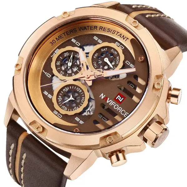 Naviforce NF9110L Genuine Leather Strap Six Hands Quartz Classic Men's Watch – Dial Color: Gold, Strap Color: Black – View 2