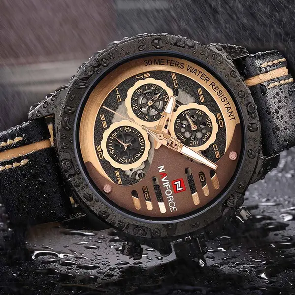 Naviforce NF9110L Genuine Leather Strap Six Hands Quartz Classic Men's Watch – Dial Color: Gold, Strap Color: Black – View 3