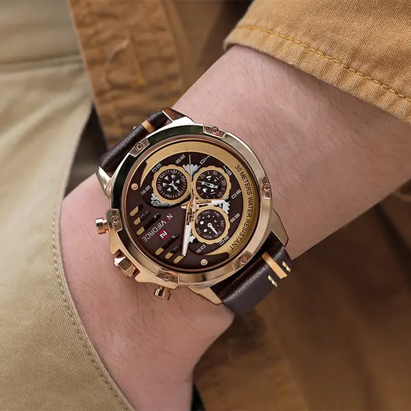 Naviforce NF9110L Genuine Leather Strap Six Hands Quartz Classic Men's Watch – Dial Color: Gold, Strap Color: Black – View 4