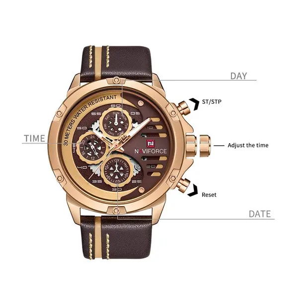 Naviforce NF9110L Genuine Leather Strap Six Hands Quartz Classic Men's Watch – Dial Color: Gold, Strap Color: Black – View 5