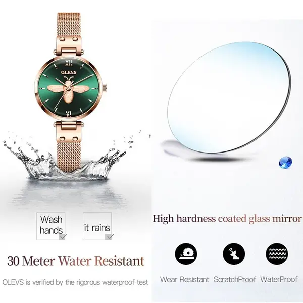 OLEVS 6895L PU Leather Analog Luxury Quartz Watch For Women – Dial Color: Green, Strap Color: Gold  – View 3