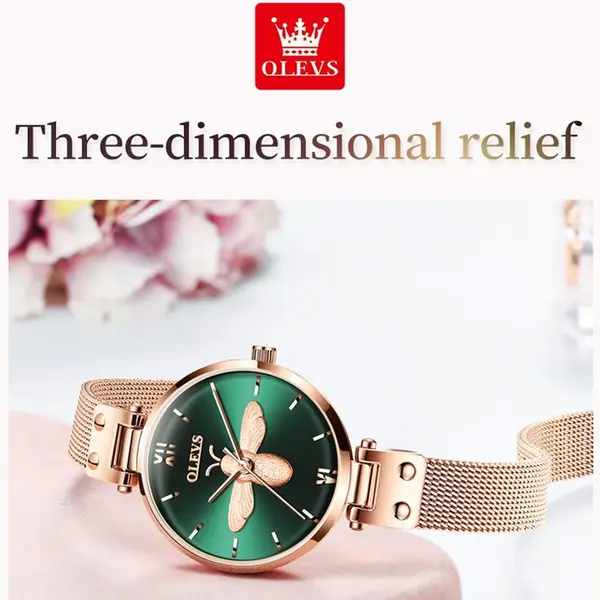OLEVS 6895L PU Leather Analog Luxury Quartz Watch For Women – Dial Color: Green, Strap Color: Gold  – View 2
