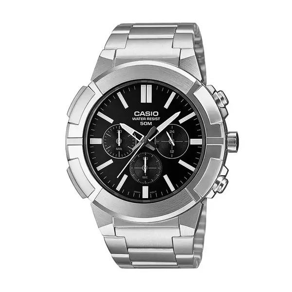 CASIO MTP-E500D-1AV Heavy Duty Stainless Steel Silver Waterproof Chronograph Men's Watch – Dial Color: Black, Strap Color: Silver – View 1