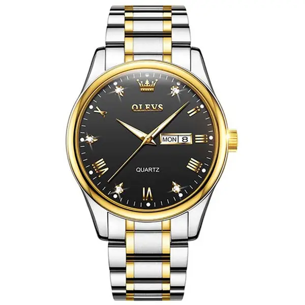 Olevs 5563 Diamond Studded Stainless Steel Waterproof Quartz Analog Watch for Couples – Dial Color: Black, Strap Color: White Gold – View 5