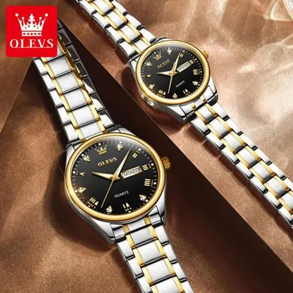 Olevs 5563 Diamond Studded Stainless Steel Waterproof Quartz Analog Watch for Couples – Dial Color: Black, Strap Color: White Gold – View 3