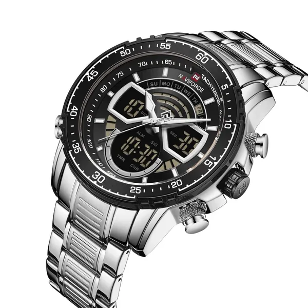 NAVIFORCE NF9189 Stainless Steel Dual Time Wrist Men's Watch – Dial Color: Black, Strap Color: Silver – View 2