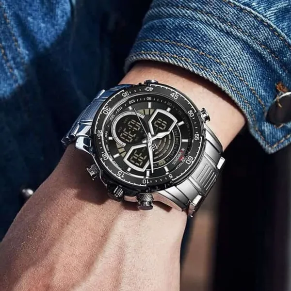 NAVIFORCE NF9189 Stainless Steel Dual Time Wrist Men's Watch – Dial Color: Black, Strap Color: Silver – View 3
