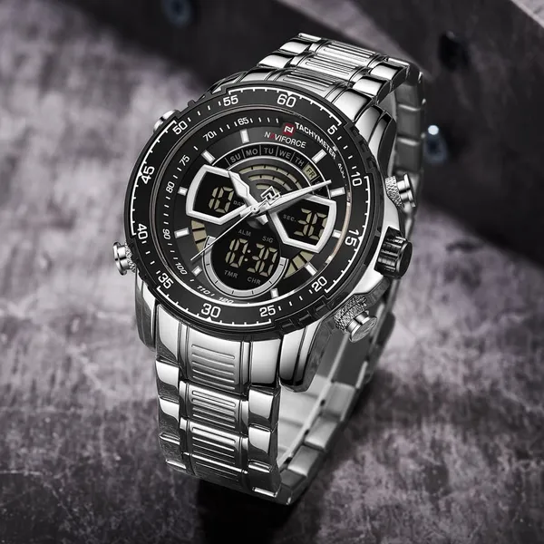NAVIFORCE NF9189 Stainless Steel Dual Time Wrist Men's Watch – Dial Color: Black, Strap Color: Silver – View 4