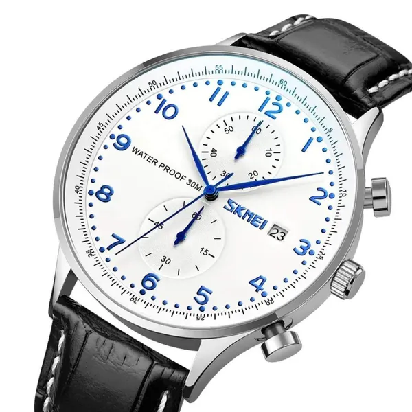 Skmei 9301 Leather Quartz Stainless Steel Men's Watch – Dial Color: Blue, Strap Color: Black – View 2