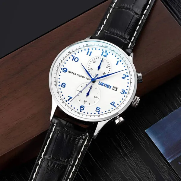 Skmei 9301 Leather Quartz Stainless Steel Men's Watch – Dial Color: Blue, Strap Color: Black – View 3