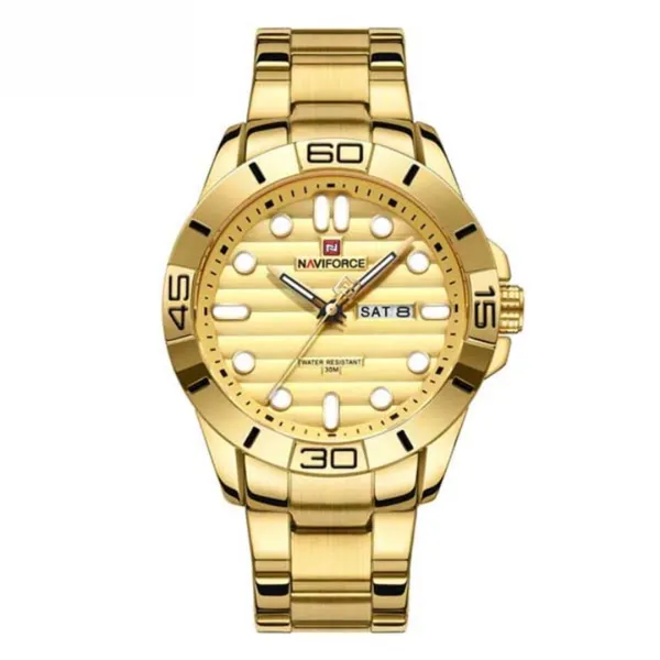 NAVIFORCE 9198 Casual Sport Luxury Steel Men's Watch – Dial Color: Gold, Strap Color: Gold – View 1