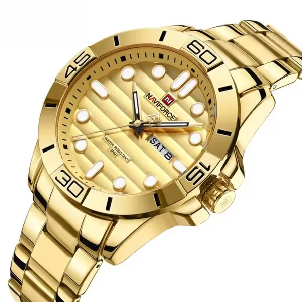 NAVIFORCE 9198 Casual Sport Luxury Steel Men's Watch – Dial Color: Gold, Strap Color: Gold – View 2