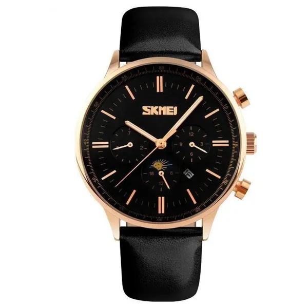Skmei 9117 Genuine Leather Strap Classic Quartz Men's Watch – Dial Color: Rose, Strap Color: Black – View 1
