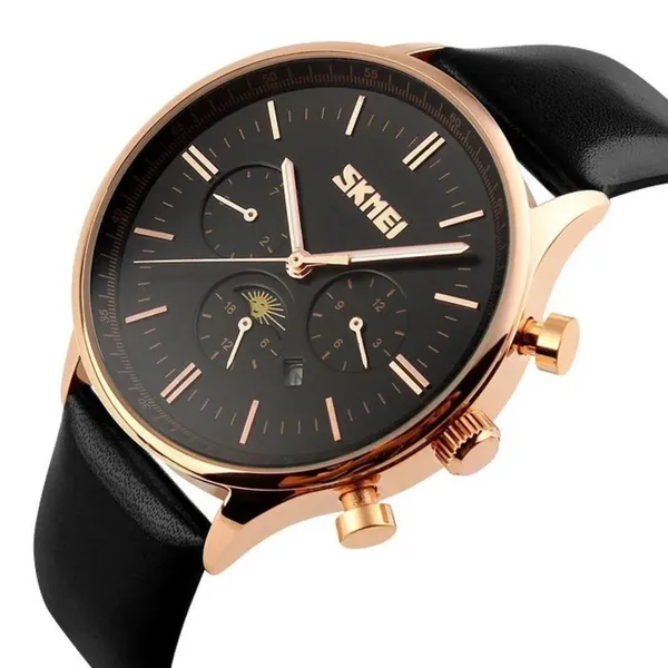 Skmei 9117 Genuine Leather Strap Classic Quartz Men's Watch – Dial Color: Rose, Strap Color: Black – View 2
