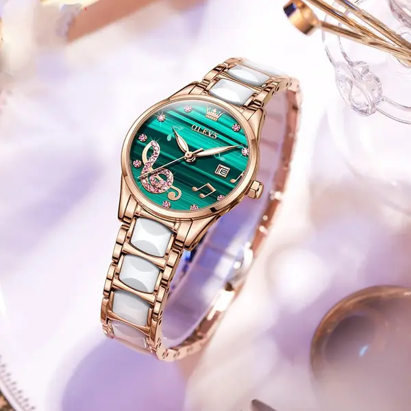 Olevs 3605 Luxury Quartz Rhinestone Ceramics Strap Wristwatch – Dial Color: Green, Strap Color: White – View 3