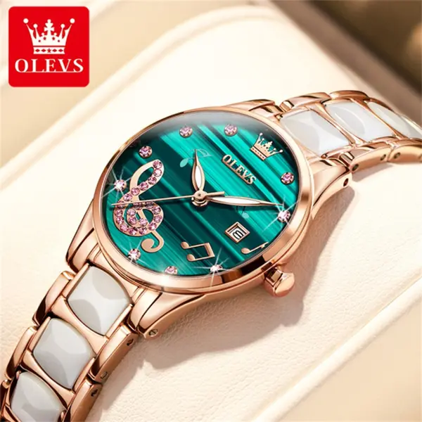 Olevs 3605 Luxury Quartz Rhinestone Ceramics Strap Wristwatch – Dial Color: Green, Strap Color: White – View 2