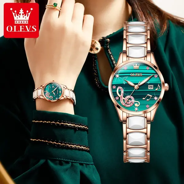 Olevs 3605 Luxury Quartz Rhinestone Ceramics Strap Wristwatch – Dial Color: Green, Strap Color: White – View 4