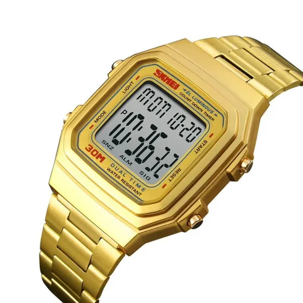 Skmei 1337 Stainless Steel Square Men's Watch – Dial Color: Gold, Strap Color: Gold  – View 2