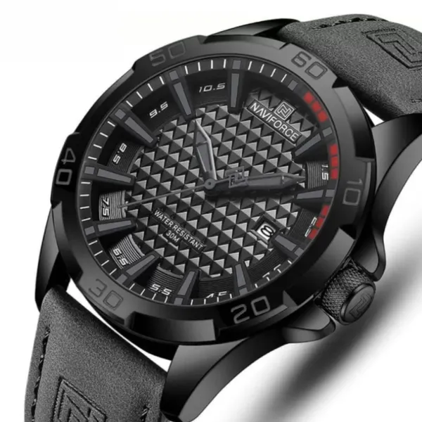 NAVIFORCE NF8023 Luxury Military Leather Sport Quartz Men's Watch – Dial Color: Black, Strap Color: Grey – View 2