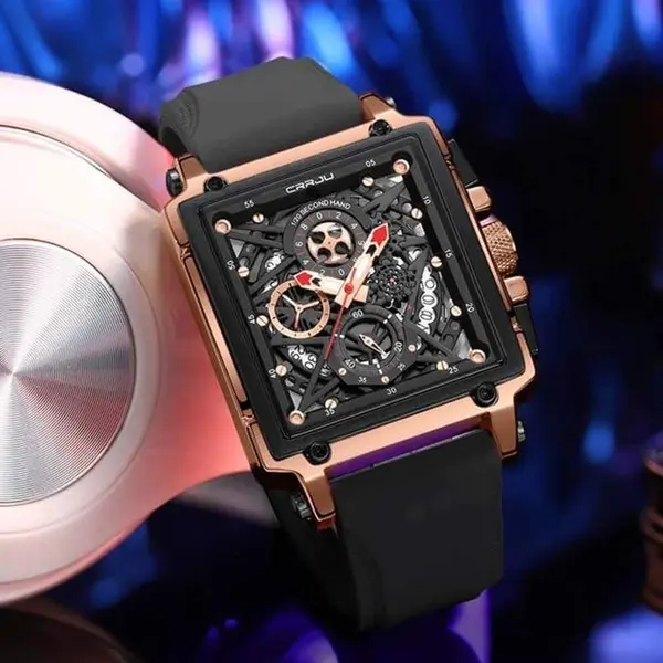 CRRJU 2312 Comfortable Silicone Band Multifunctional Skeleton Dial Sports Men's Watch – Dial Color: Rose, Strap Color: Black – View 2