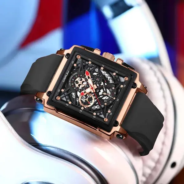 CRRJU 2312 Comfortable Silicone Band Multifunctional Skeleton Dial Sports Men's Watch – Dial Color: Rose, Strap Color: Black – View 3