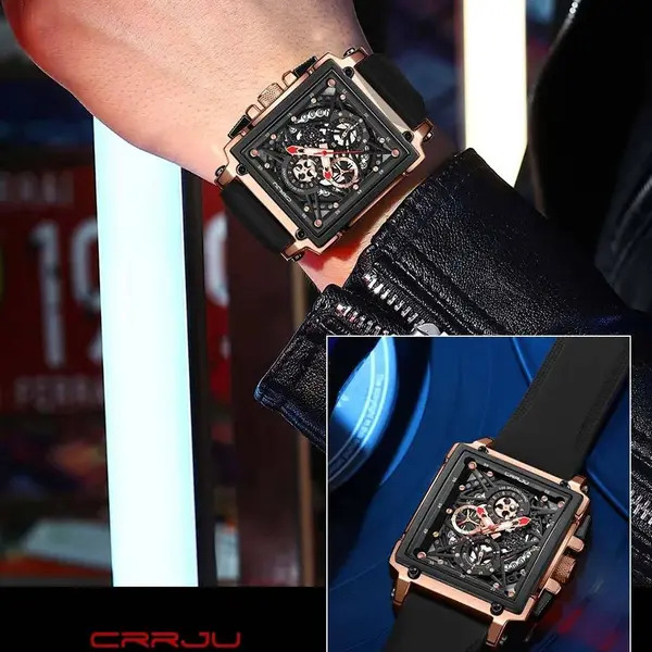 CRRJU 2312 Comfortable Silicone Band Multifunctional Skeleton Dial Sports Men's Watch – Dial Color: Rose, Strap Color: Black – View 4