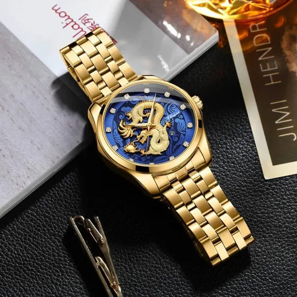 SKMEI 9193 Stainless Steel Fashion Business Men's Watch – Dial Color: Blue, Strap Color: Gold – View 3