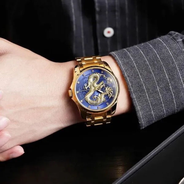 SKMEI 9193 Stainless Steel Fashion Business Men's Watch – Dial Color: Blue, Strap Color: Gold – View 4