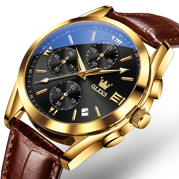 OLEVS 2872 Golden Sophistication Leather Chronograph Men's Quartz Watch – Dial Color: Black Gold, Strap Color:  Brown  – View 2