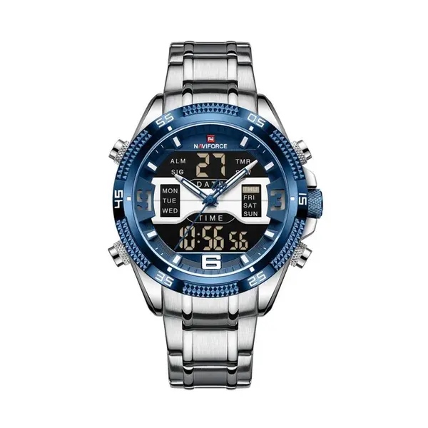 Naviforce NF9201 High Quality Stainless Steel Dual Movement Sport Fashion Men's Watch – Dial Color: Blue, Strap Color: Silver – View 1