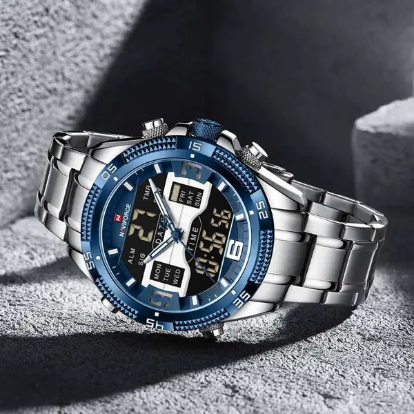 Naviforce NF9201 High Quality Stainless Steel Dual Movement Sport Fashion Men's Watch – Dial Color: Blue, Strap Color: Silver – View 2