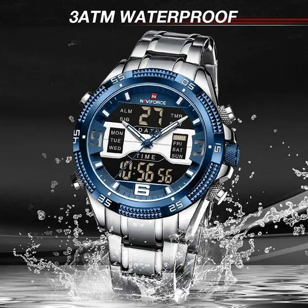 Naviforce NF9201 High Quality Stainless Steel Dual Movement Sport Fashion Men's Watch – Dial Color: Blue, Strap Color: Silver – View 4