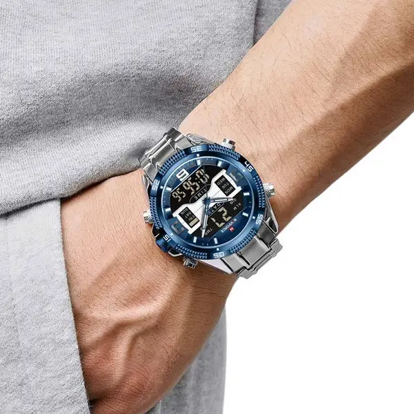 Naviforce NF9201 High Quality Stainless Steel Dual Movement Sport Fashion Men's Watch – Dial Color: Blue, Strap Color: Silver – View 5