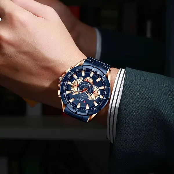 Curren 8363 Comfortable Stainless Steel Multifunctional Chronograph Casual Men's Watch – Dial Color: Blue, Strap Color: Blue – View 4
