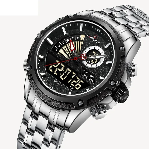 NAVIFORCE NF9205 Mechanical Style Dual Display Sports Men’s Watch – Dial Color: Black, Strap Color: Silver – View 2