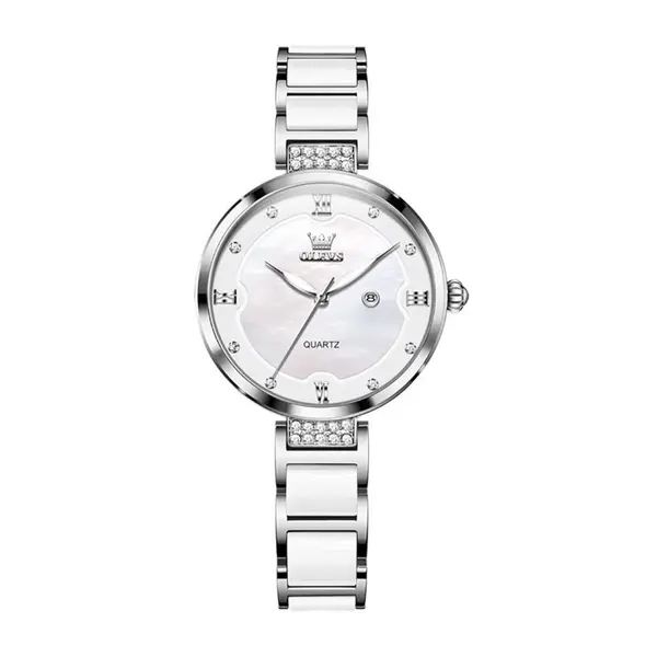 Olevs 5589 Fashion Quartz Round-dial Ceramic Analog Watch for Women – Dial Color: Silver, Strap Color: Silver – View 1
