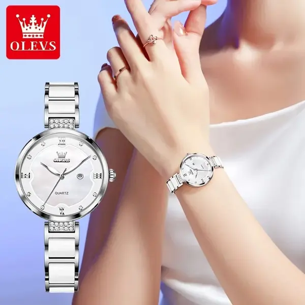Olevs 5589 Fashion Quartz Round-dial Ceramic Analog Watch for Women – Dial Color: Silver, Strap Color: Silver – View 4